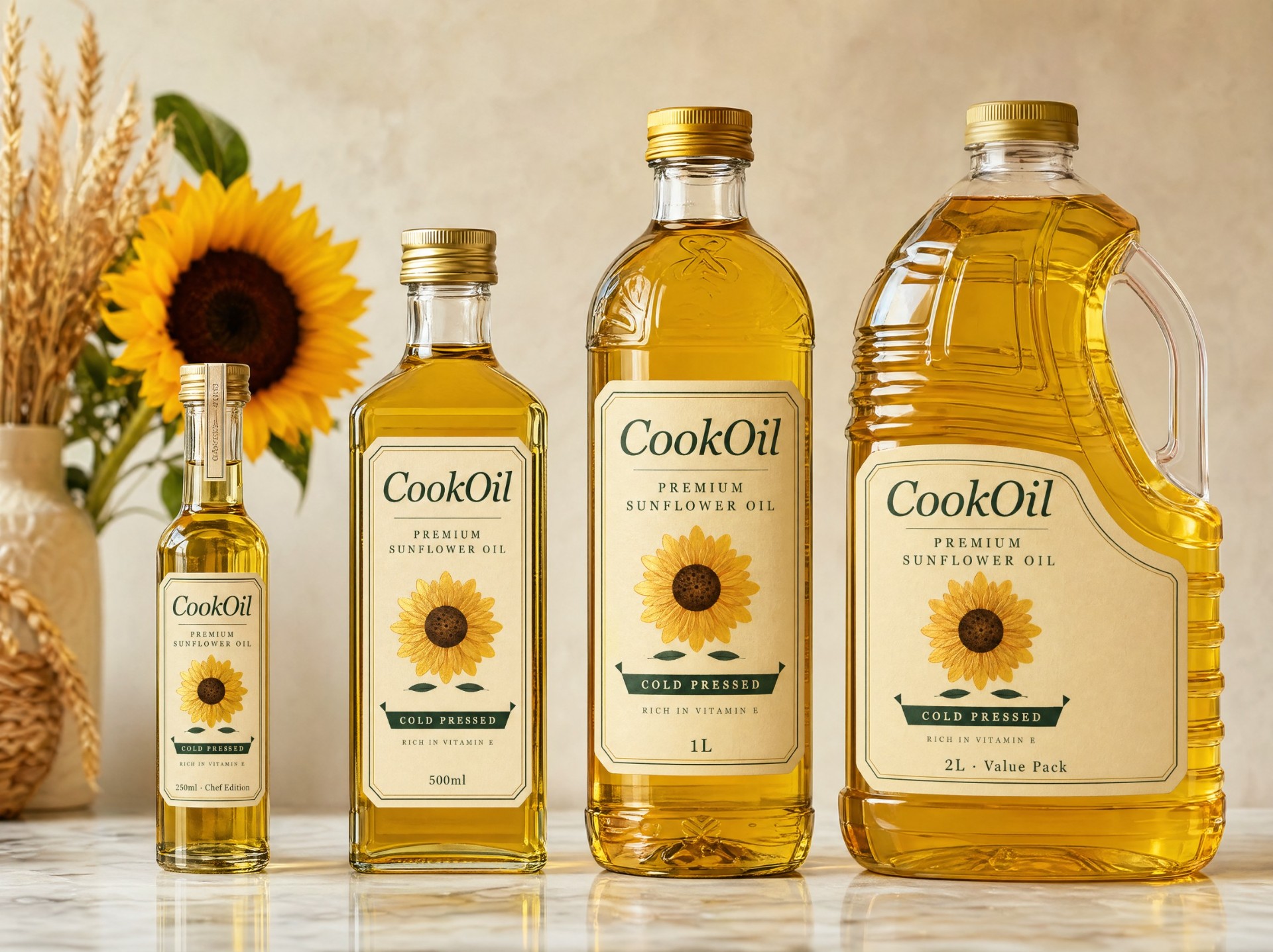 COOKOIL premium sunflower oil range — 250ml, 500ml, 1L, and 2L bottles